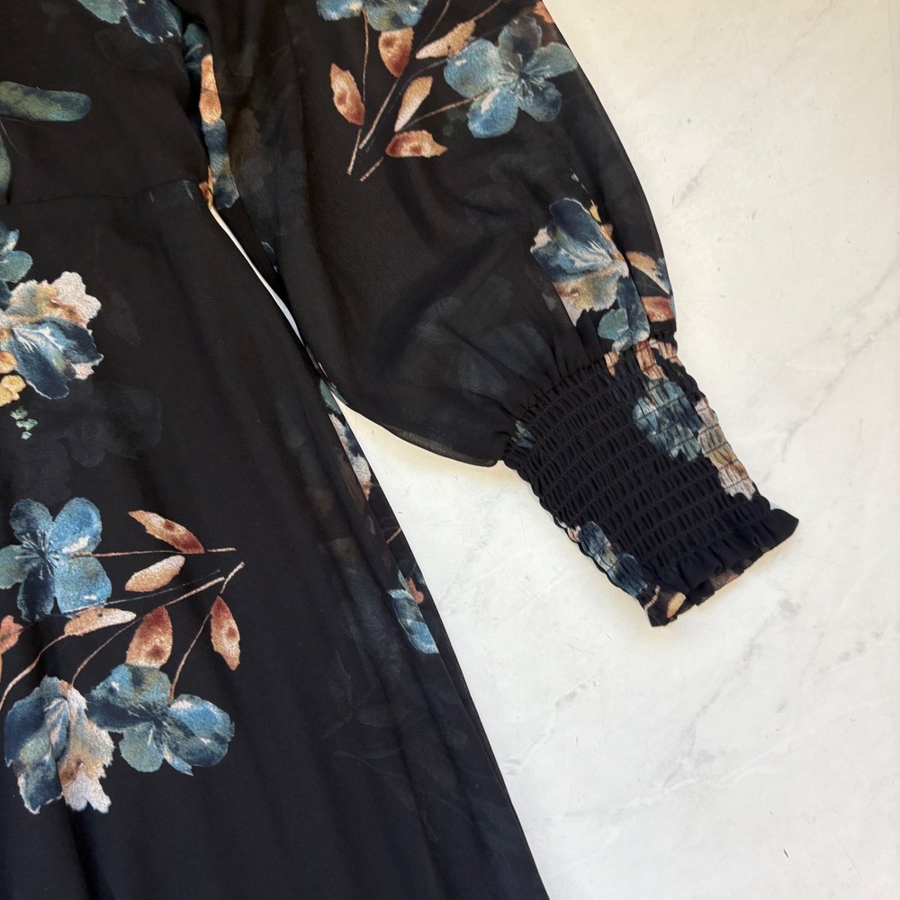 Baltic Born Size Medium Luciana Black Floral Mock Neck Puff Sleeve Maxi Dress - Picture 6 of 6